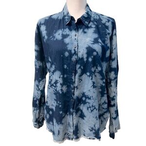 PJ Salvage Blue Tie Dye Long Sleeve Button Up Shirt Size Medium Cotton Raw Hem